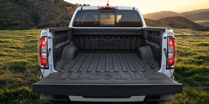 Pickup truck bed with open tailgate in nature setting